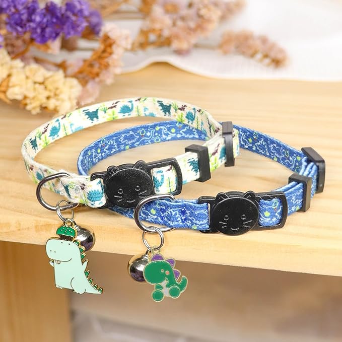 Cat Collar Breakaway, 2 Pack Cotton Kitten Collars with Bells and Removable Charms, Cute Dinosaurs Shaped for Indoor Boy, Girl and Adult Cats