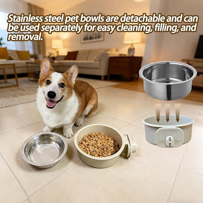 kathson Lightweight Stainless Steel Pet Bowls, Removable Crate Dog Bowl Hanging Pet Food Water Feeder Bowl, Cage Coop Cup for Puppy Cat Rabbit Ferret Birds Guinea Pigs (2pcs)