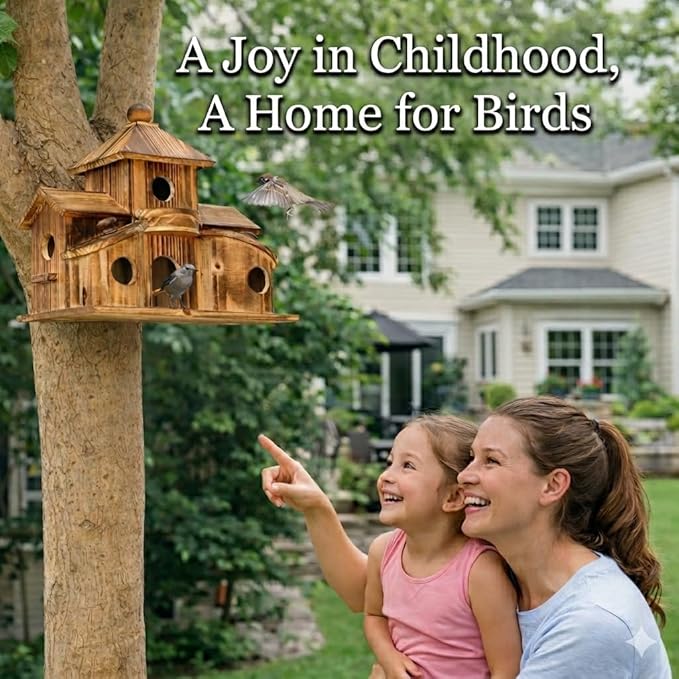 Bird Houses for Outside, Wooden 6 Hole Bird House Room for Multiple Birds, Outdoors Hanging Birdhouse Nesting Box for Garden, Bird Hotel for Wren Chickadee Sparrow