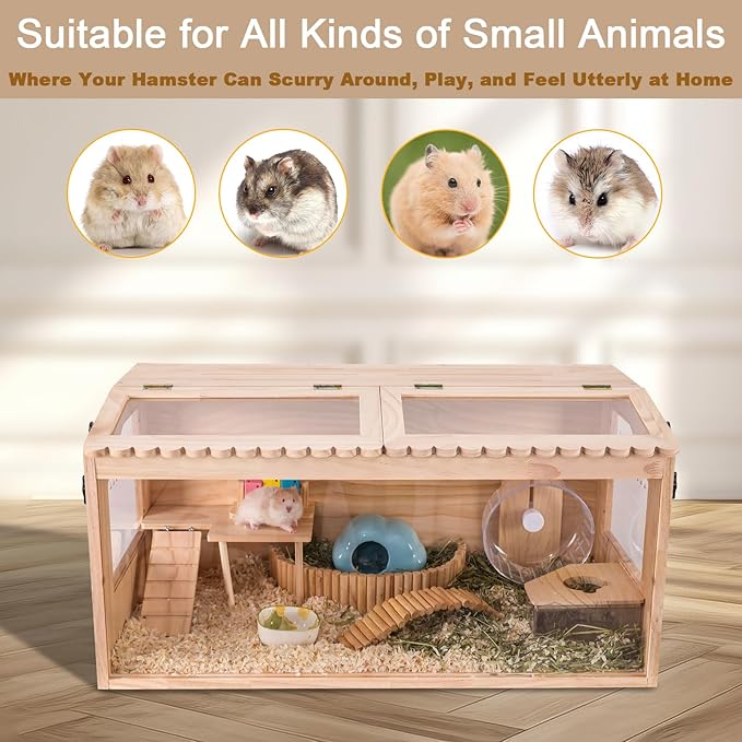 Wooden Hamster Cage,32"x16"Large Hamster Cage,2 Washable Liners & 2 Adjustable Ventilation Window. Small Animal Cage for Dwarf Syrian Hamsters Degus Mice & Other Small Pets.