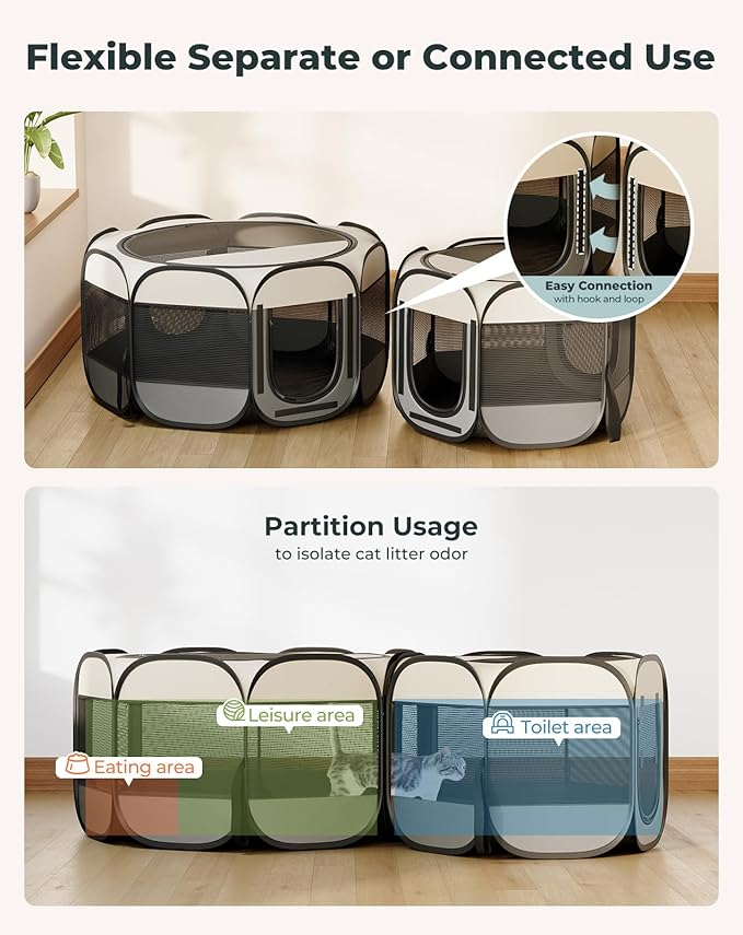 Cat Playpen, 60"x 24" Large Portable Puppy Playpen, 2-Room Foldable Dog Playpen for Indoor Outdoor Dogs, Cats, Small Animals with Carrying Case