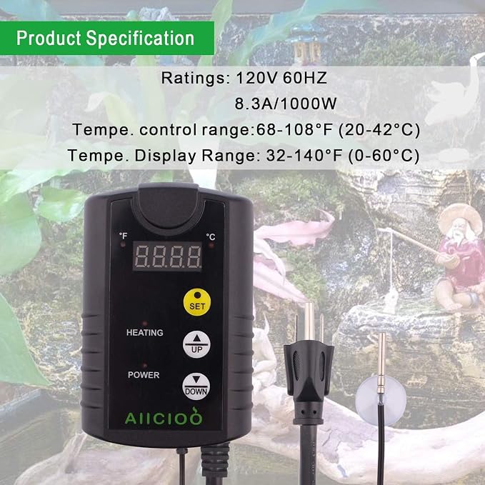 Aiicioo Under Tank Heater Thermostat - Reptile Heating Pad with Temperature Control Reptile Heat Mat for Combo Set for Hermit Crab Lizard Terrarium 8W