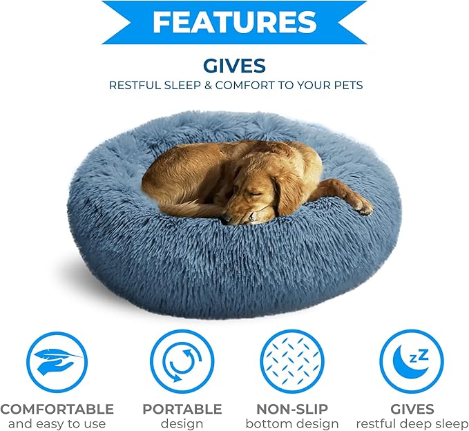 Whiskers & Friends Cat Beds for Indoor Cats, Fluffy Calming Donut Cat Bed, Small Dog Bed Washable - Orthopedic Soft Plush Pet Beds Sized for Kitten to Large Cats & Puppy to Medium Dogs, Navy Grey 31''