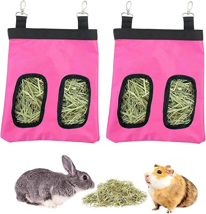 Rabbit Hay Feeder Bag, Large Capacity Rabbit Hay Bag Small Animal Hanging Hay Bag 600D Oxford Cloth Bunny Hay Feeder Bag for Rabbits Guinea Pigs Chinchillas (Rosered-2 Holes-2Pcs)