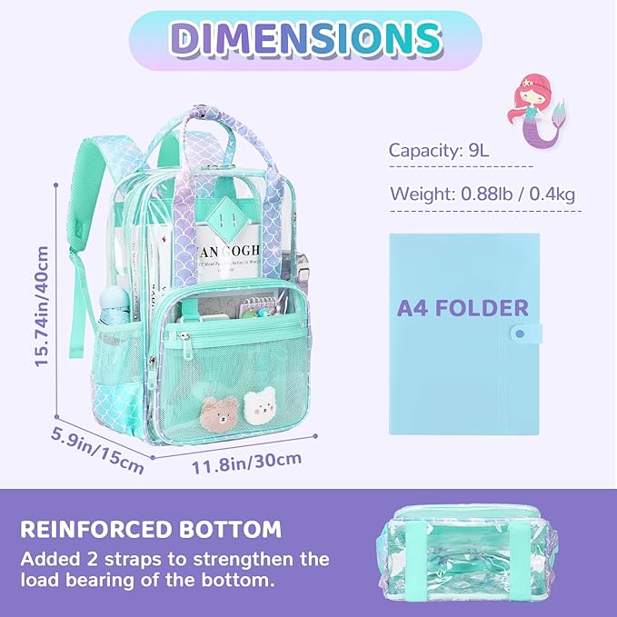 MOONBABY Small Clear Backpack for School Transparent Bookbag for Kids Heavy Duty PVC See Through Backpack Stadium Approved