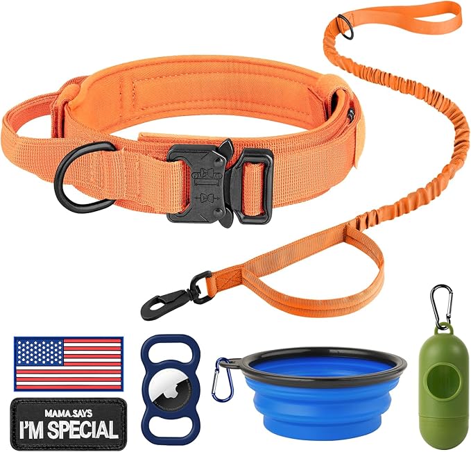 HYDEME Tactical Dog Collar Adjustable Nylon Collar with Control Handle and Heavy Metal Buckle for Medium and Large Dogs, with Patches&Airtags Case&Poop Bag Dispenser&Portable Bowl.(M, Orange-Set)
