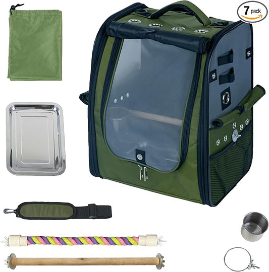 Birds Day Bird Carrier Backpack - Breathable Mesh Portable Parrot Travel Cage with 2PCS Perch, Food Bowl, and Stainless Steel Tray (Dark Olive Green)