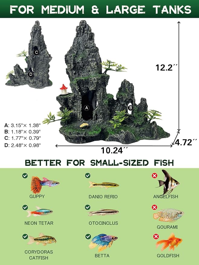 Aquarium Decor - Tall and Large Mountain Rock Ornament with Red Tower for Fish Tank,Aquarium Hideout with Rock Texture for Betta,Guppy,Shrimp-Safe Aquatic Decoration, Fish Hiding House