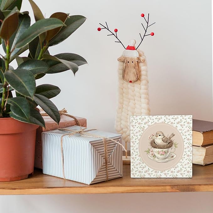 Flower Bird Wooden Box Sign Desk Decor, Rustic Bird Nest Teacup Wood Block Sign for Girls Room Nursery Bedroom Home Desk Table Shelf Wall Decorations, 5x5 Inch