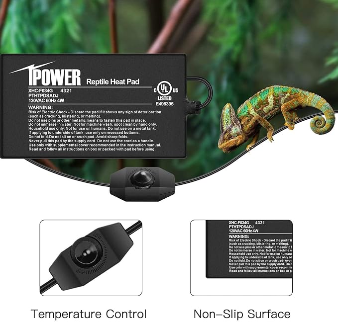 iPower 4 by 7-Inch 4 Watts Reptile Heating Mat with Temperature Controller Under Tank Warmer Terrarium Heat Pad for Reptiles and Amphibians, Black