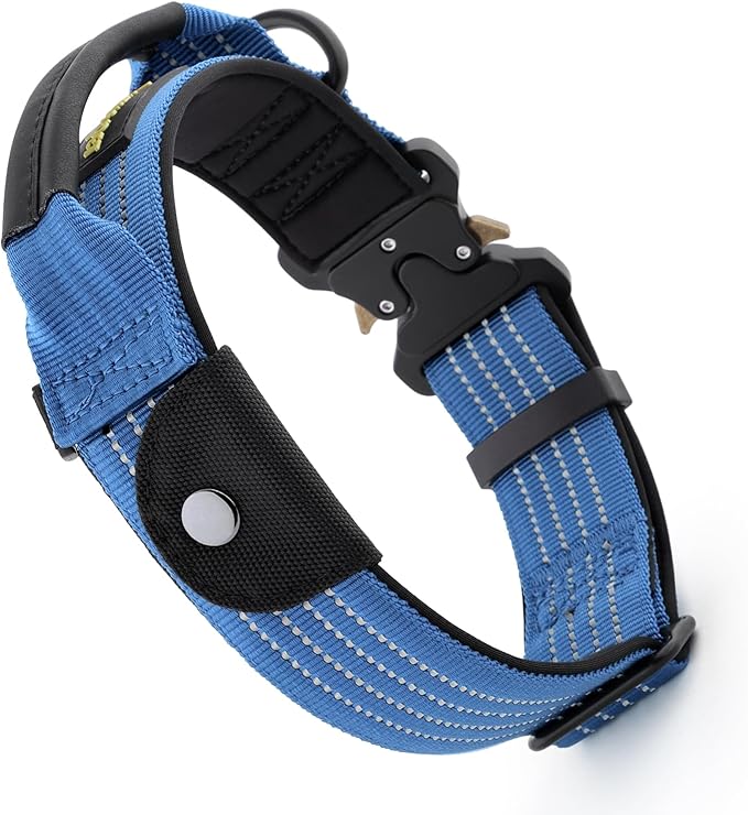 Plutus Pet Tactical Dog Collar with Tracker Pocket for AirTag, Adjustable Reflective Nylon Collar, Metal Buckle, Leather-Wrapped Handle, Soft Padded for Medium Large Dogs (Blue, L)