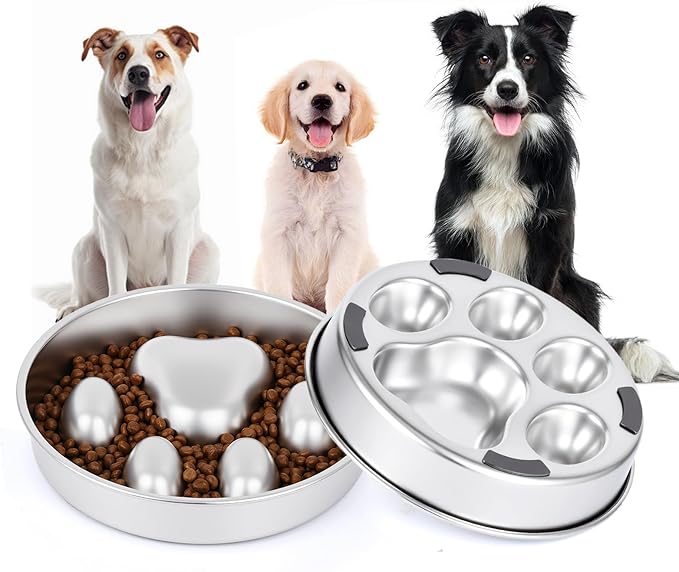 Slow Feeder Dog Bowl for Fast Eating Dogs Stainless Steel 8.2" with Non-Slip Base, Raised Obstacle Slow Down Eating for Small Medium Large Dogs, Reduces Bloat & Indigestion, Dishwasher Safe