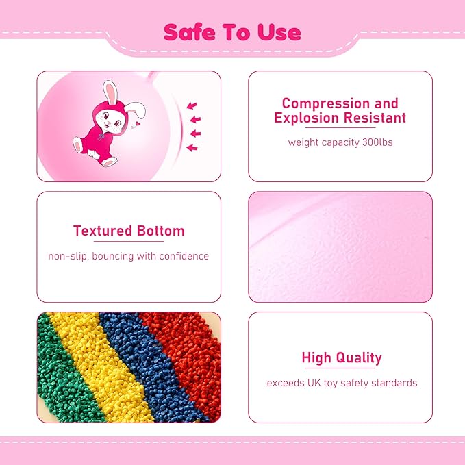 Hopper Ball, Pink Bunny Hopping Toys for Kids, 18 Inch Bouncy Ball with Handle, Indoor Outdoor Inflatable Hoppity Hop Toys for Girls Boys Gift with Pump