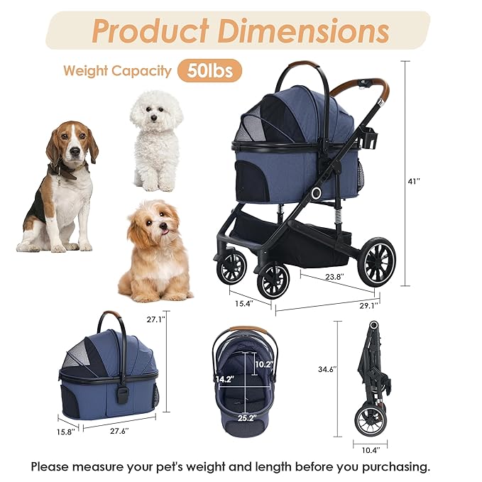 TODEFULL Pet Stroller with 4 Wheels, 3 in 1 Folding Puppy Strollers for Small/Medium Dogs Cats up to 50lbs, Lightweight Pet Travel Carrier with Detachable Cushion, Storage Basket and Cup Holder, Blue