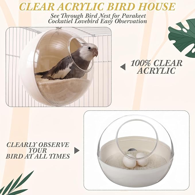 Novabright 2 Pack Clear Bird Nest for Cage Washable Transparent Parakeet House with 2 Cozy Pads Bite Resistant Bed Breeding Box Sleeping Hanging Hut Parrot Budgie Lovebird Cockatiel Canary Finch