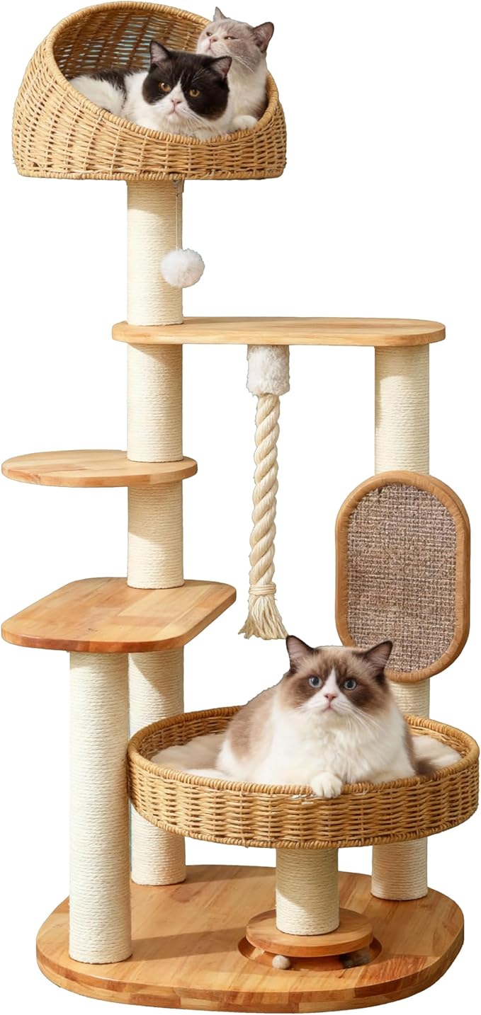 Solid Wood Cat Tree for Large Cat, 50-Inch Tall Cat Tower for Indoor Cats with Scratching Post, Multi-Level Cat Condo with Handwoven Basket, Sturdy Cat Houses Easy to Clean