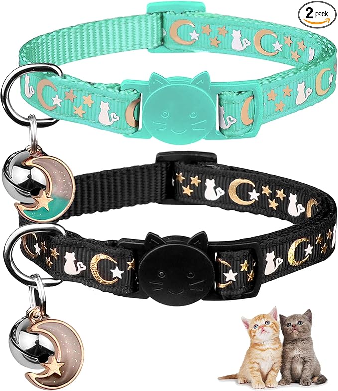 Baeuppit 2PCS Breakaway Cat Collars with Bell Cute Kitty Glow in The Dark Adjustable Kitten Collars 7.9-13.0 Inch(Teal&Black)