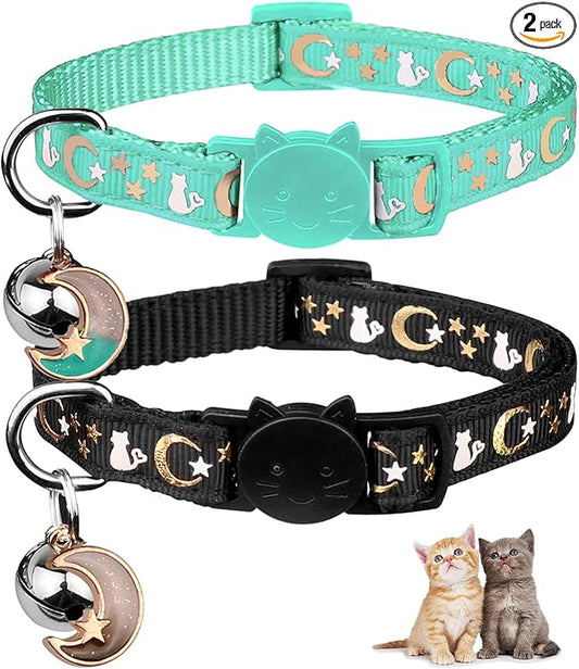 Baeuppit 2PCS Breakaway Cat Collars with Bell Cute Kitty Glow in The Dark Adjustable Kitten Collars 7.9-13.0 Inch(Teal&Black)