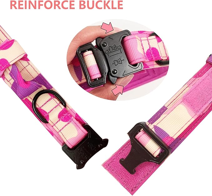 Xqpetlihai Tactical Dog Collar and Leash Set Adjustable Military Nylon Dog Collar with Control Handle and Heavy Duty Metal Buckle for Large Dogs （Pink Camo XL