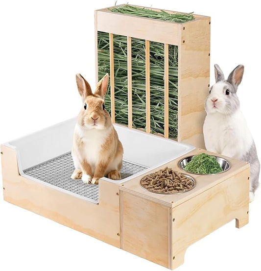 Extra-Large 3 in 1 Rabbit Litter Box with Hay Feeder and Bowls Set, Wood, Mess Proof, for Guinea Pigs, Chinchillas, Hamsters, and Rabbits