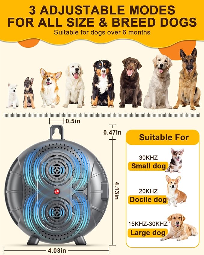 Anti Barking Device for Dogs, Rechargeable Ultrasonic Bark Box with 3 Adjustable Modes, Safe 35FT Dog Bark Deterrent Device & Dog Barking Silencer for Indoor and Outdoor Use (Gray)