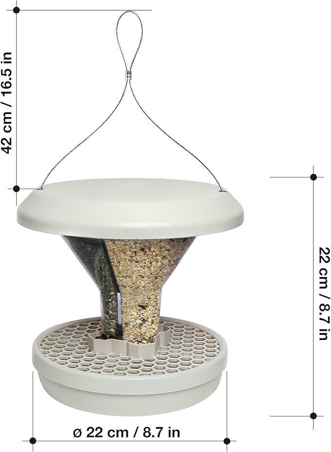 SWISSINNO Bird Feeders - No Mess Hanging Bird Feeder for Outdoors - Smart Birds Davos Spill Proof Wild Cardinal & Small Bird Feeder with Integrated Seed Catcher Tray - Dual Chamber - Light Grey