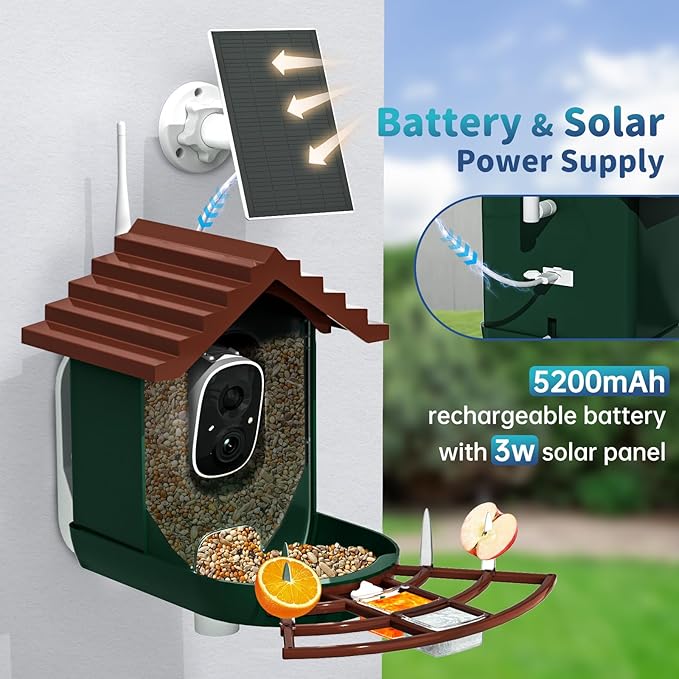 Smart Bird Feeder with Camera Solar Powered & AI Bi rd Identification, 2.4Ghz WiFi Bird feeders for Outdoors, 2K Live Video, Instant Arrival Alerts - Dark red-Green