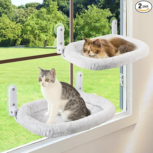 Zoratoo 2PC Cat Window Perch with Bolster Foldable Cat Hammock Cushion Bed for Window with Metal Frame, Large Suction Cups Cordless Window Resting Seat for Indoor Cats (Cushion Bed, 2PC)