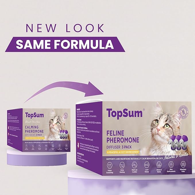 TopSum Cat Calming Pheromone Diffuser: Feline Pheromones Plug in for Stress, Along At Home, Spraying, Fighting, Scratching, Aggression & Excessive Meowing (Purple– 3 Diffusers + 3 Refills)