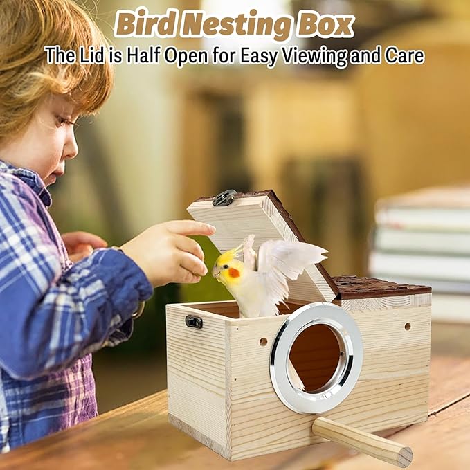 Tfwadmx Parakeet Nesting Box Wooden Parrot Nest Cockatiel Nesting Bird Breeding Box House with Perch for Parrot Parakeet Cockatiel Lovebirds Budgie Conure
