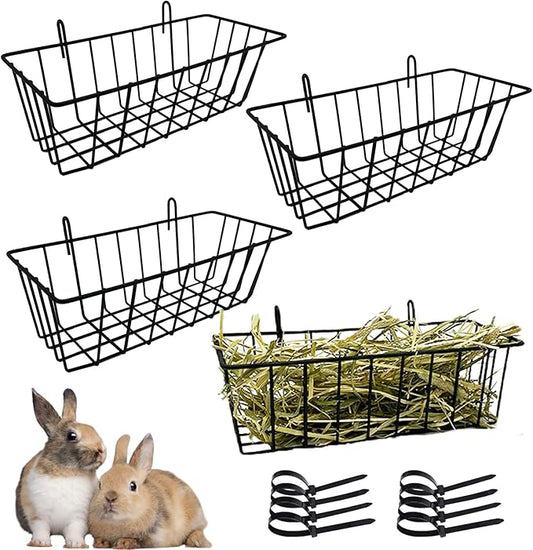 Rabbit Hay Feeder Rack Guinea Pig Hay Dispenser for Cage Hanging Metal Feeder Small Animals Hay Holder Manger for Rabbits Guinea Pigs Chinchillas Ferrets (Black - 4 in a Group)