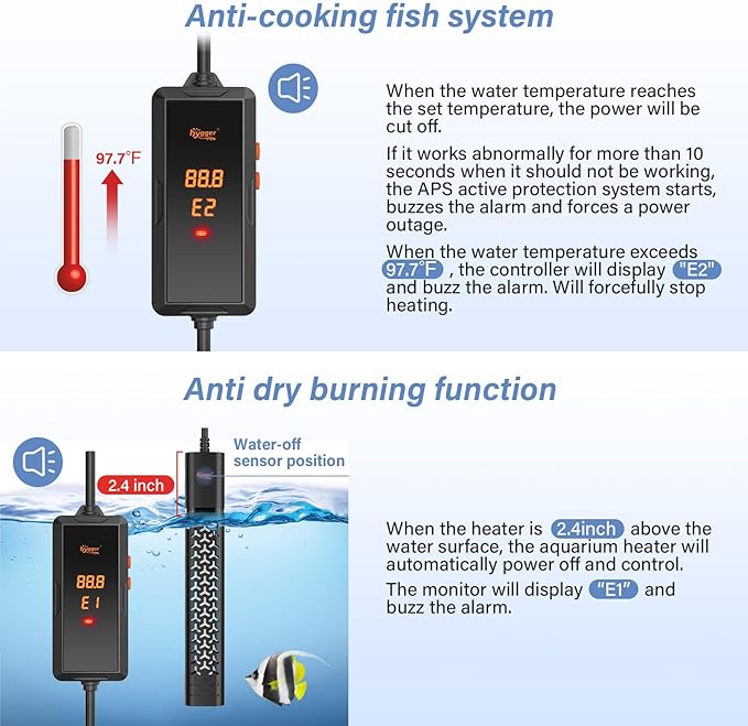 hygger 200w Aquarium Heater, Submersible Fish Tank Heater with Intelligent Temperature Control and Leaving Water Automatically Stop Heating System, for 20-40 Gallon Tanks