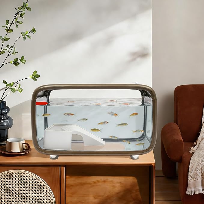Desktop Fish Tank, 3.17 Gal Fish Tank with Top Feeding Hole, Brown Aquarium with Climbing Frame for Small Fish, Clear View Betta Tank for Home Office, Easy Maintenance (Brown)