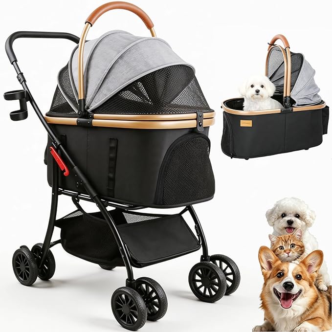 Pet Stroller for Small Medium Dogs & Cats – 3-in-1 Detachable Carrier, Zipperless Entry, Lightweight Folding Travel Stroller with Storage Basket, Cup Holder, Gray