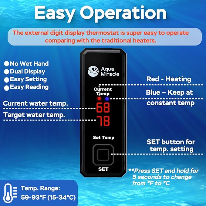AquaMiracle 15W Small Aquarium Heater Fish Heater, Super Mini Fish Tank Heater Turtle Tank Heater for 1-3 Gal Tanks, with Dual LED Display, Dry-Run/Overheating Protection & Memory Function