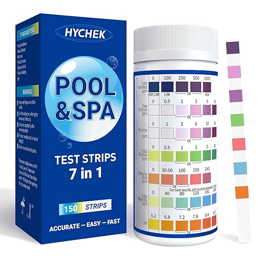 7 in 1 Accurate Pool Test Strips, 150-Count Hot Tub & Spa Test Strip | Water Chemical Testing Kit for Bromine, Chlorine, pH, Hardness, More, Fast & Easy Test Way, Pool Water Testing Kit