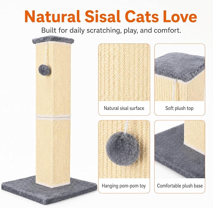32" Tall Cat Scratching Post for Large Indoor Cats & Kittens, Cat Scratcher with Extra Large Stable Base and Natural Sisal, Sturdy Cat Scratch Post to Protect Furniture & Couch, Grey