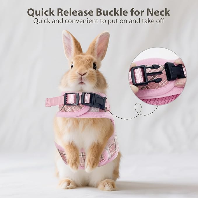 AIITLE Breathable Rabbit Harness and Leash Set - Plaid Pattern Padded Vest with Magic Tape Design, Dual D-Rings, Adjustable for Small Animal Pets, Indoor Outdoor Training Camping, Pink M