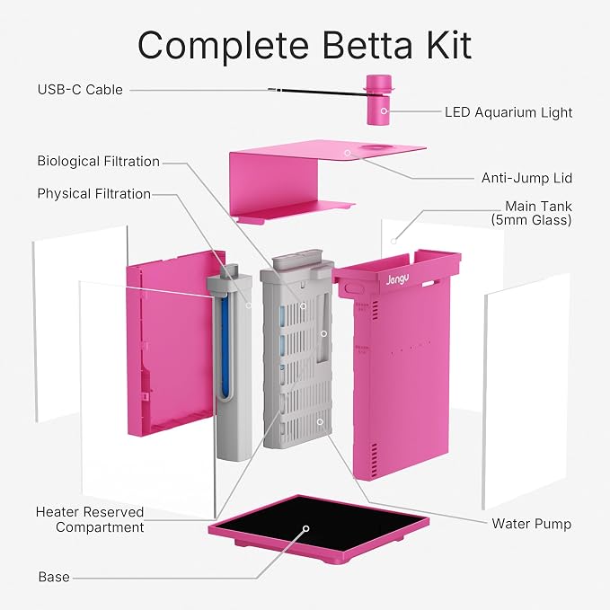2.1 Gal Betta Fish Tank, Ultra Clear Glass Desktop Aquarium Starter Kit | Hidden Back Filter, Quiet Pump, LED Light, All-in-One Nano Aquarium for Desk, HotPink