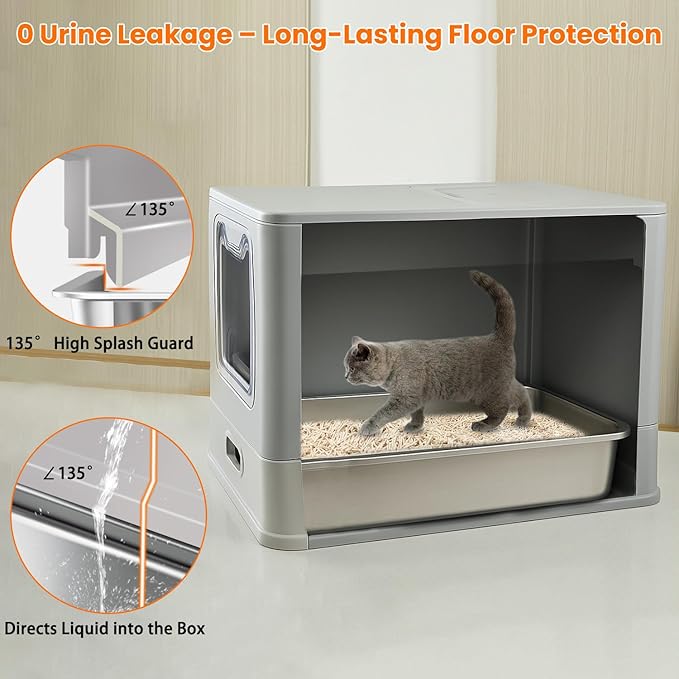 Stainless Steel Cat Litter Box with Lid and Drawer, Enclosed XXL Litter Box for Large Cats Includes Litter Mat & Scoop