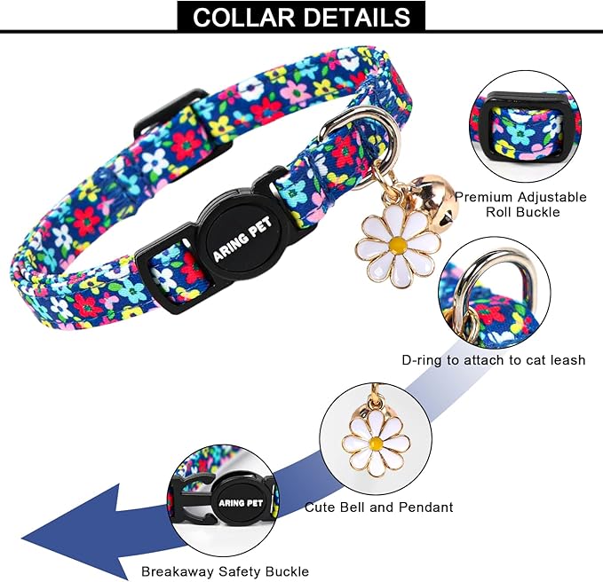 ARING PET 2 Pack Cat Collars with Bell, Cute Soft Cotton Kitten Kitty Breakaway Spring Summer Cat Collars for Boy Girl Cats-Pink Bow & Blue Floral
