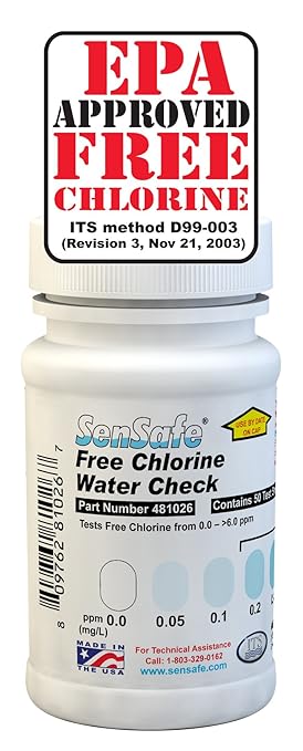 Industrial Test Systems SenSafe 481026 Free Chlorine Test Strip | USEPA Approved Method D99-003 | 0-6ppm | 0.05ppm Detection | No Bleach-Out | Bottle of 50 | Drinking Water, Food Service, Restaurant