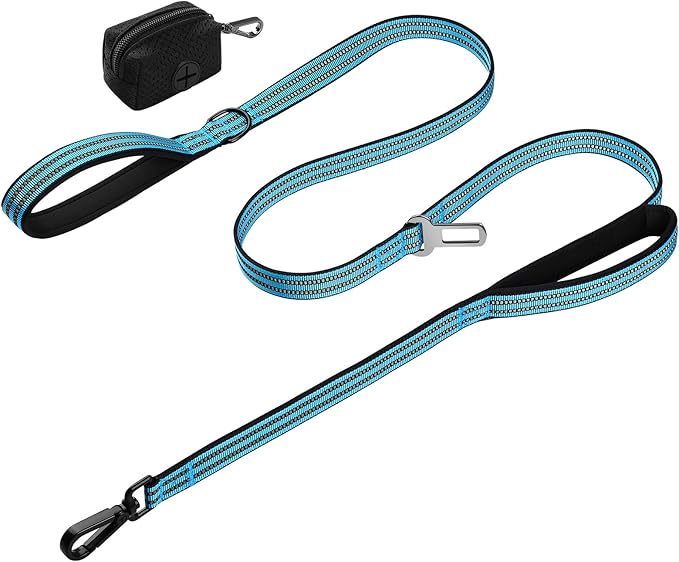 WINGOIN Dog Leash for Large Medium Small Dogs, Heavy Duty Dog Leashes with Double Handle, Poop Bag Holder, Car Seat Belt Buckle, Reflective Tactical Pet Lead for Walking, Training (Blue, 6FT)