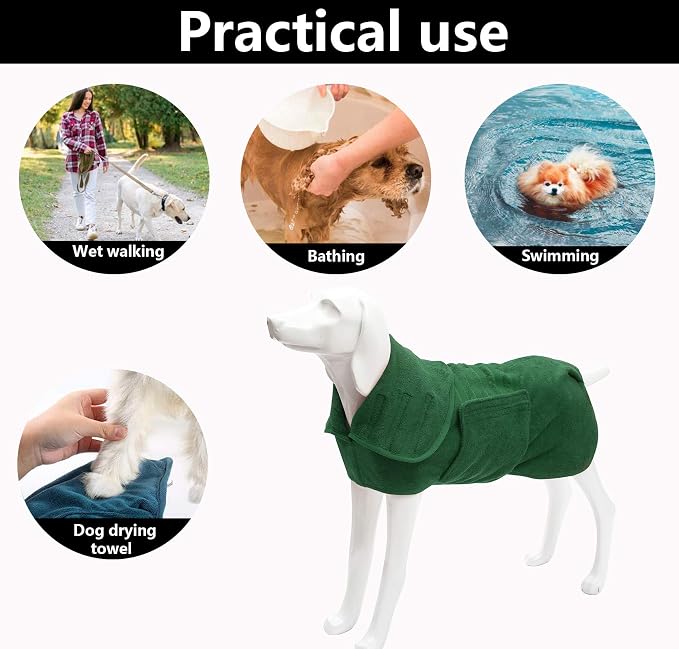 Geyecete Dog Drying Coat - Fast Drying Dog Bathrobe Towel - Microfibre Super Absorbent Pet Cat Bath Robe, Luxuriously Soft Green M