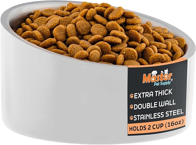 Master Pet Supply Stainless Steel Slanted Dog Cat Food Bowl - 16 oz Heavy Duty - Bone White, Double Wall Insulated, Non-Slip Elevated Bowl for French Bulldogs Pugs Cats, Anti Rust Dishwasher Safe