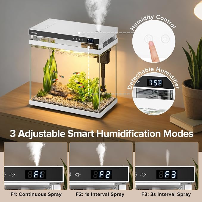 Vehipa Fish Tank Aquarium, 2.2 Gallon White Smart Fish Aquarium Kits | with Auto Feeder, Silent Water Pump, Temperature Display, Smart Humidifier & 7-Color Lighting, for Office & Home