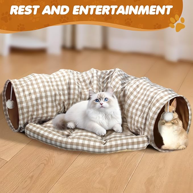 Spardar Bunny Tunnel Bed, 2-in-1 Collapsible Tunnel Tubes Toys, Washable, with Removable Mat Hideout, Interactive Toys for Rabbits Chinchilla Hedgehog Guinea Pigs Kitty, Checkered