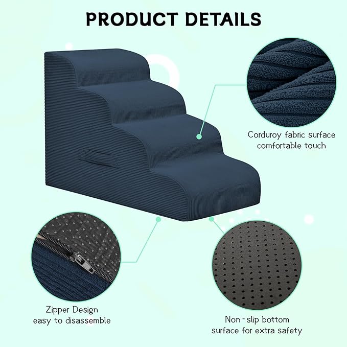 Mesa Lemon Dog Steps for Small Dogs, 4-Step Pet Ramp Stairs for High Beds and Sofa, Non-Slip Pet Stairs for Small Dogs and Cats, Removable and Easy to Clean Cover, Navy