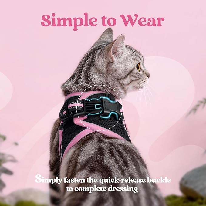 rabbitgoo Cat Harness and Leash Set for Walking Escape Proof, Adjustable Soft Kittens Vest with Reflective Strip for Cats, Comfortable Outdoor Vest, Black & Pink, L