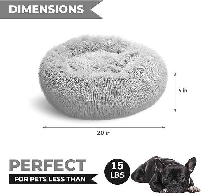 Whiskers & Friends Cat Beds for Indoor Cats, Fluffy Calming Donut Cat Bed, Small Dog Bed Washable - Orthopedic Soft Plush Pet Beds Sized for Kitten to Large Cats & Puppy to Small Dogs, Light Grey 20''